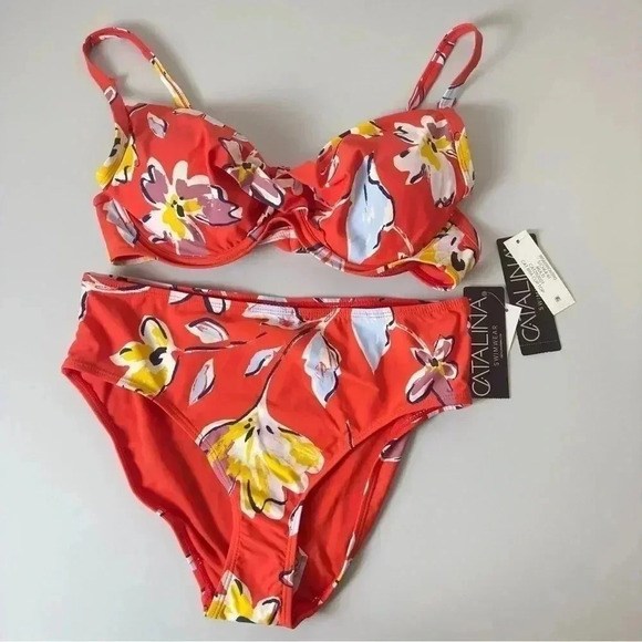 Catalina 2 Piece Bikini Set Orange Multicolor High Waisted Swimsuit Size Small - Picture 6 of 11